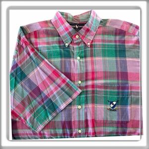 Ralph Lauren Tilden Plaid Button-Down Short Sleeve Shirt Size Large Retro Style